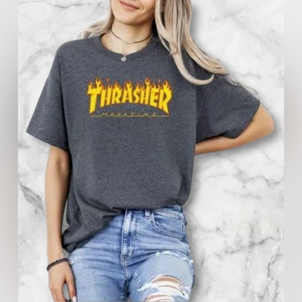 Thrasher Vintage 90s Y2K Flames Fire Print Skateboard Tee Shirt Size XL - Picture 3 of 7